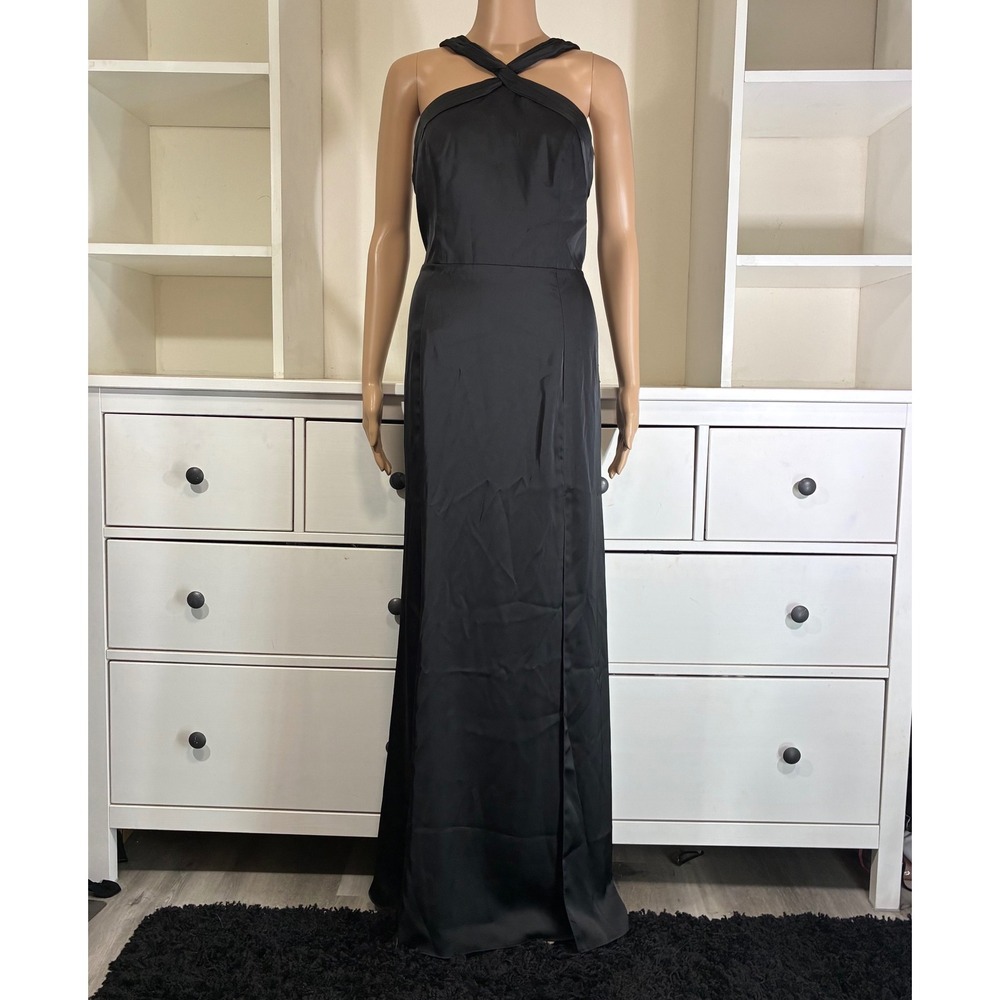 Black Halter Neck Criss Cross Back Slit Maxi Dress Size L